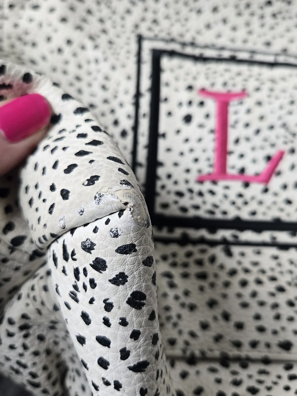 Faux Leather Pocket Tote with Black Trim and Pink Monogram L